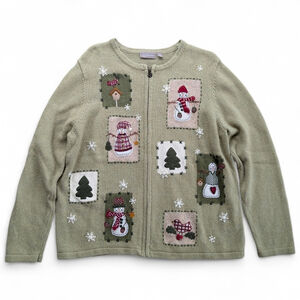 Christmas Snowman & Birds Holiday Farm Sweater Full Zip Women's Sz 1X Vintage